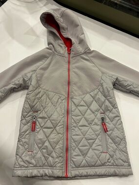 Boys Champion Kids Light Gray Quilted Hooded Jacket with Red Accents